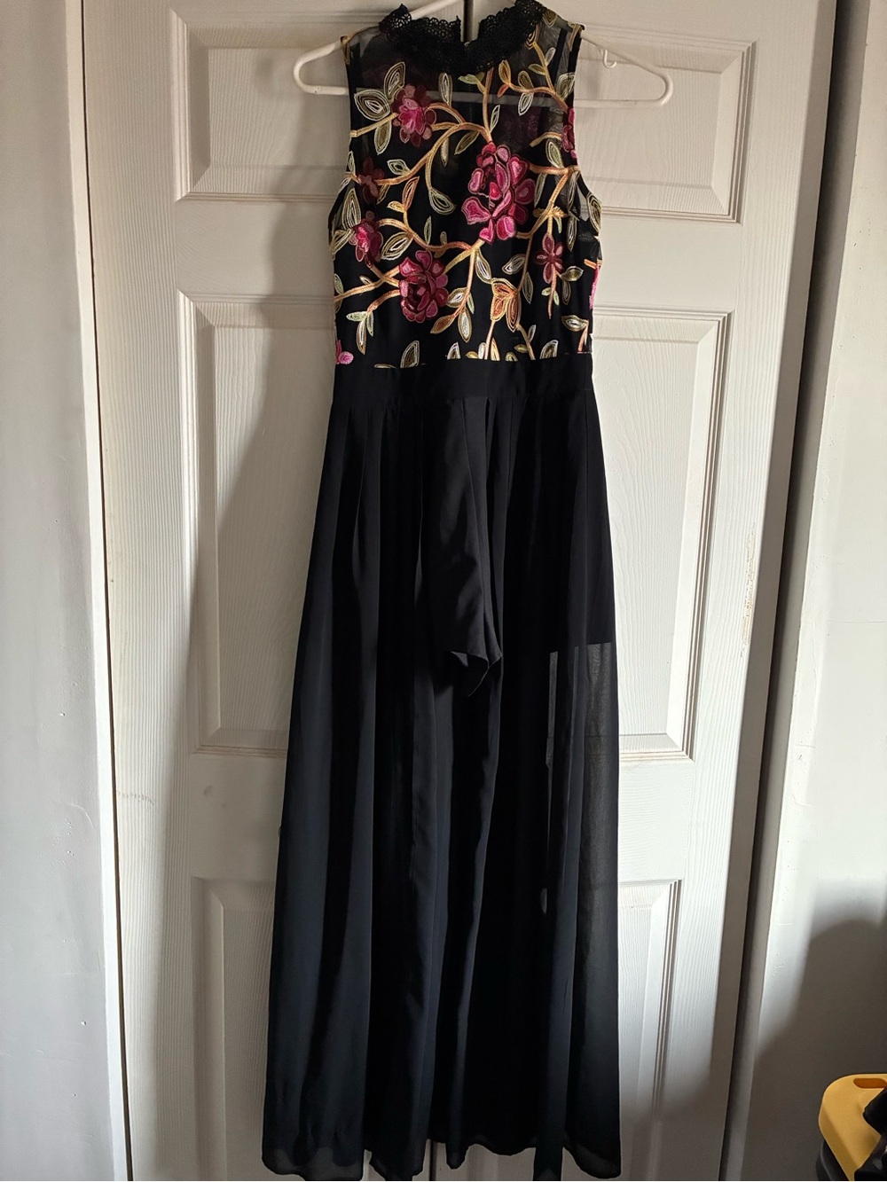 Black Maxi Dress with Pink Floral Embroidered Bodice